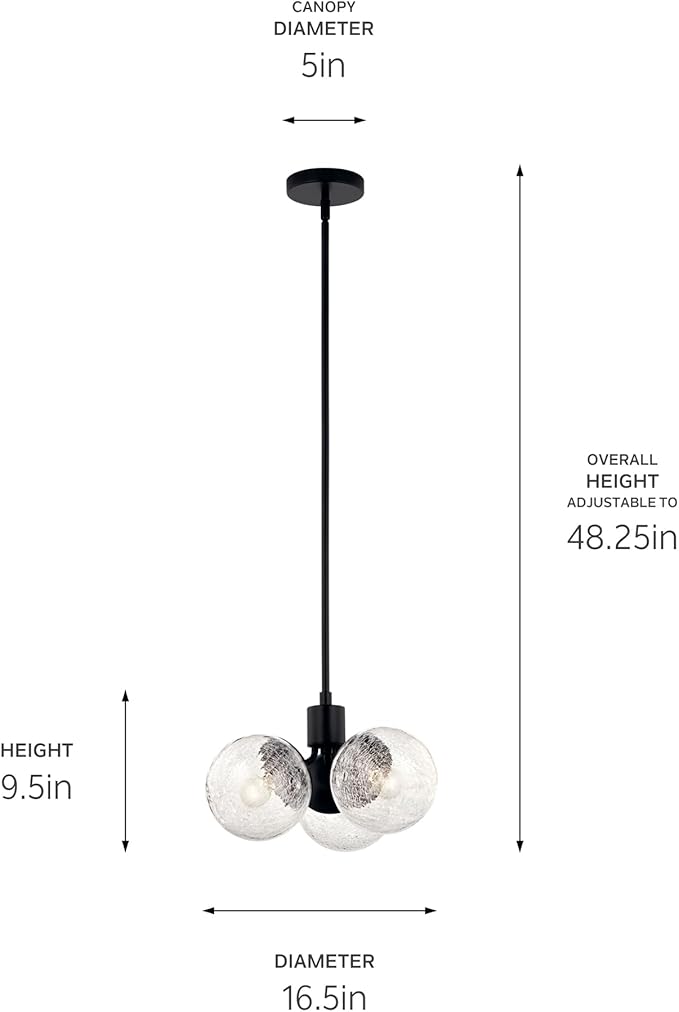 KICHLER Silvarious 3-Light Convertible Pendant, Soft Modern Light with Clear Crackled Glass in Black, for Hallway, Dining Nook, Bedroom or Kitchen (9.5" x 16.5"), 52700BK