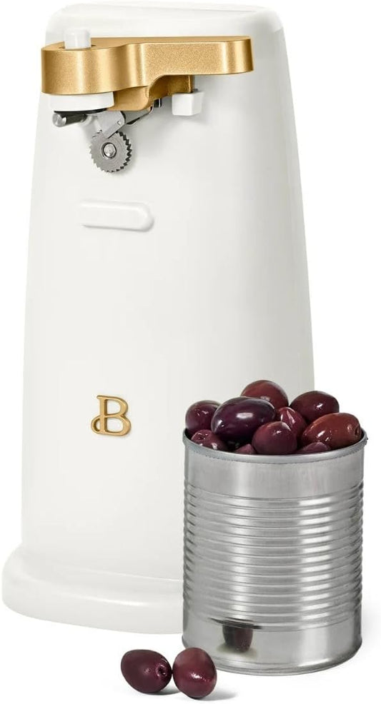 Beautiful Electric Can Opener, Auto-Turn, Knife Sharpener, Bottle Opener, Easy-Clean, Corded, One-Touch, Stainless Steel Blade (White Icing)