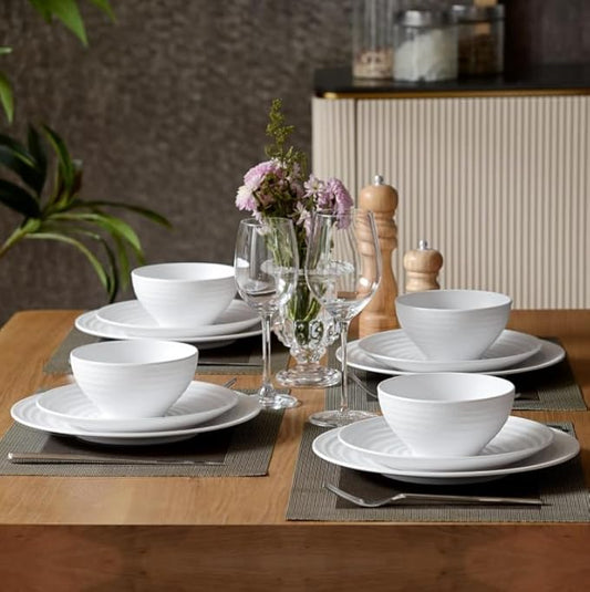White Melamine Dinnerware Sets,12PCs Anti-scratch Dishes Set, Lightweight and Non breakable Dinnerware,Suit for Indoor and Outdoor Use, Dishwasher Safe,BPA free (Classic White)