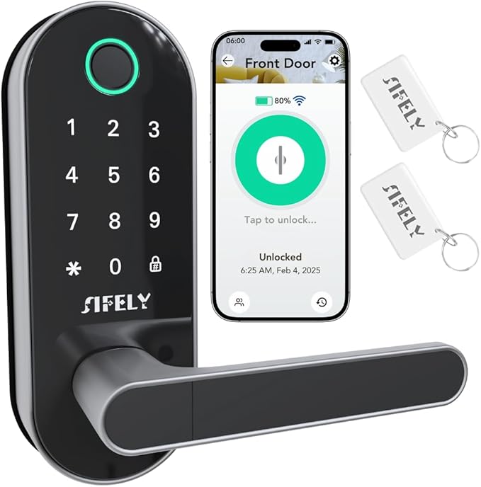 Built-in WiFi Fingerprint Smart Door Lock with Handle & Keypad – Remote Access & Auto-Lock, Keyless Entry for Home, Airbnb & Rental, 6-in-1 Unlock: Code/Card/App/Key, Works with Alexa & Google