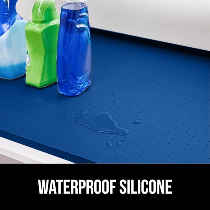 GORILLA GRIP Waterproof Silicone Under Sink Mat with Raised Lip for Kitchen and Bathroom, Cabinet Shelf Liner Stay in Place Mats Dishwasher Safe Drawer Liner, Organizer Tray, 19 x 34 in, Blue