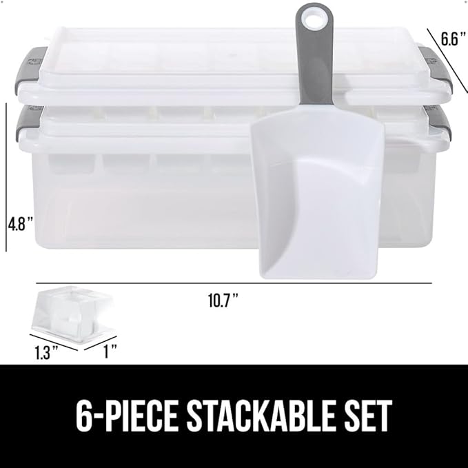 GORILLA GRIP BPA-Free Easy Release Stackable Ice Cube Tray for Freezer, Set Makes 56 Cubes for Cocktail Drinks, Coffee, Bucket Kit Includes 2 Leakproof Trays with Lid and Scooper, Kitchen Tool, Gray