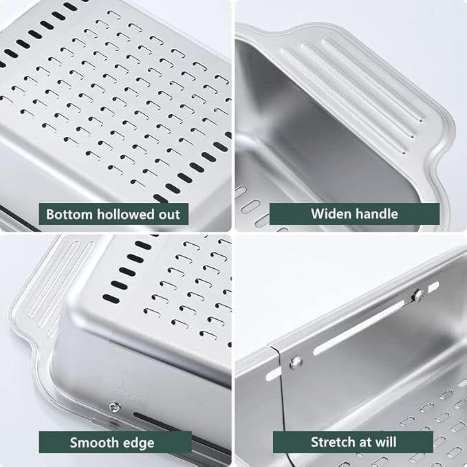 ZDRongZhen Kitchen Supply-Over the Sink Colander Strainer Basket Stainless Steel Retractable Kitchen Sink Basket -Wash Vegetables and Fruits, Drain Pasta and Dry Dishes,Extendable (Medium Silver)