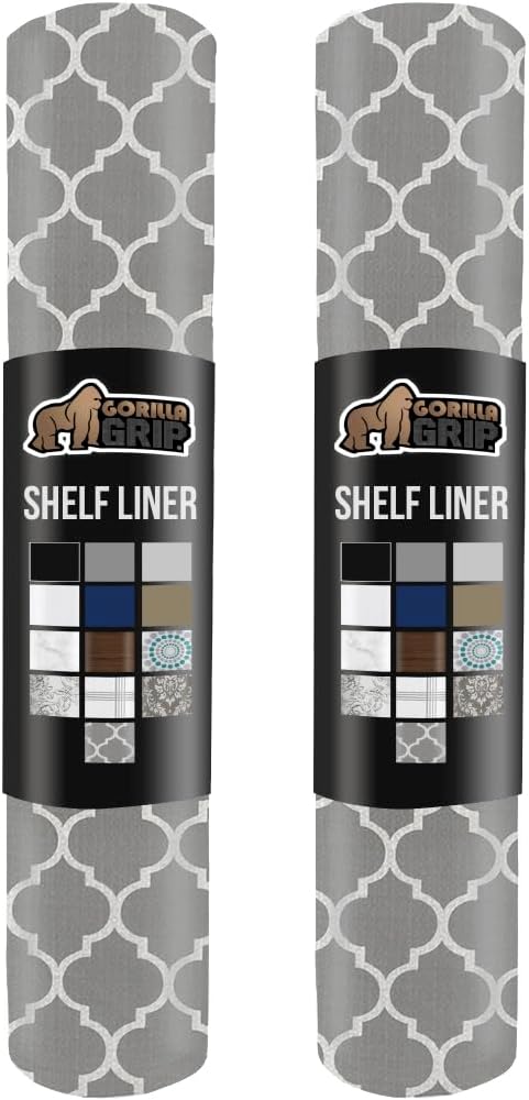 GORILLA GRIP Slip Resistant Drawer and Shelf Liner 2 Pack, Non Adhesive Water Resistant, Easy Clean and Trim, Smooth Surface Liners for Kitchen Cabinet Shelves Drawers Pantry 17.5IN x 20FT, White Gray