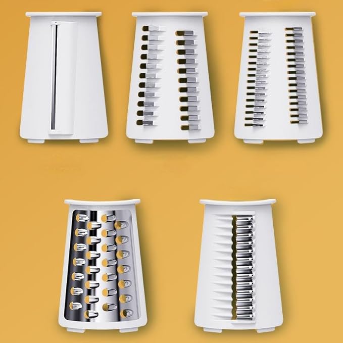 Rotary cheese grater with 5 different interchangeable blades vegetable cheese grater slicer with handle with non-slip suction cup base for kitchen for cheese, vegetables, fruits, white