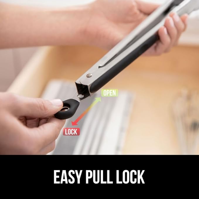 GORILLA GRIP Stainless Steel Heat Resistant Kitchen Tongs for Cooking, 7 + 12 Inch Set of 2 BBQ Tong, Non Scratch Silicone Tip for Pan, Strong Grip, Grab Food, Toss Salad, Air Fryer, Pull Lock, Black