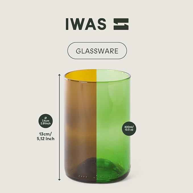 IWAS Upcycled Tall Drinking Glasses | 400 ML | 13.53 OZ | Set of 6 | Sustainable Water and Cocktail Glasses For Home | Environmentally Friendly Olive Green Glasses