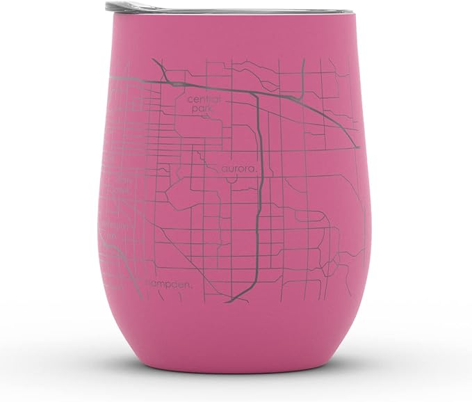 Well Told Engraved Denver Colorado Map Insulated Wine Tumbler, Etched Stainless Steel Cup (12 oz, Sunset Pink) City Map Insulated Tumbler, Custom Insulated Tumbler, Outdoor Drinkware