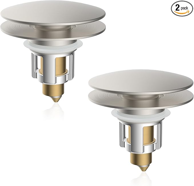 iFealClear 2 Pack Universal Bathroom Sink Stopper, Pop Up Sink Drain Strainer with Hair Catcher Basket, Fit 1.1"-2.36" US Basin, Wash Basin Drain Plug, Big Cover Cap, Brass Bounce Core, Brushed Nickel