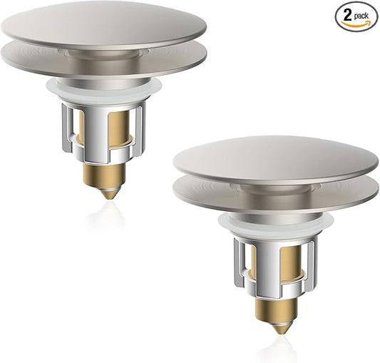 iFealClear 2 Pack Universal Bathroom Sink Stopper, Pop Up Sink Drain Strainer with Hair Catcher Basket, Fit 1.1"-2.36" US Basin, Wash Basin Drain Plug, Big Cover Cap, Brass Bounce Core, Brushed Nickel