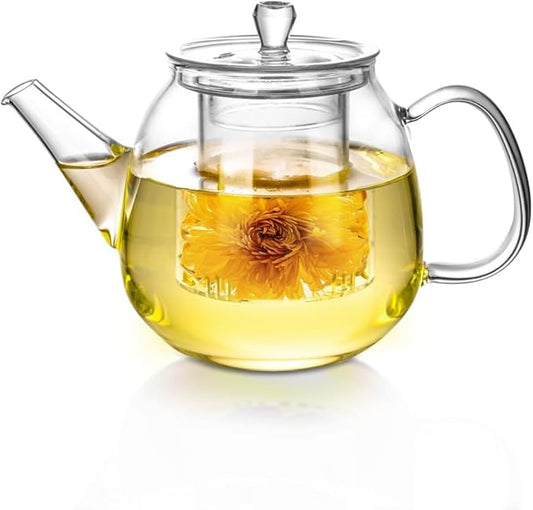 Glass Teapot with Removable Clear Infuser, Ehugos 800ml/27oz Heat Resistant Borosilicate Glass teapot Blooming and Loose Leaf Tea Maker, Microwave & Dishwasher Safe