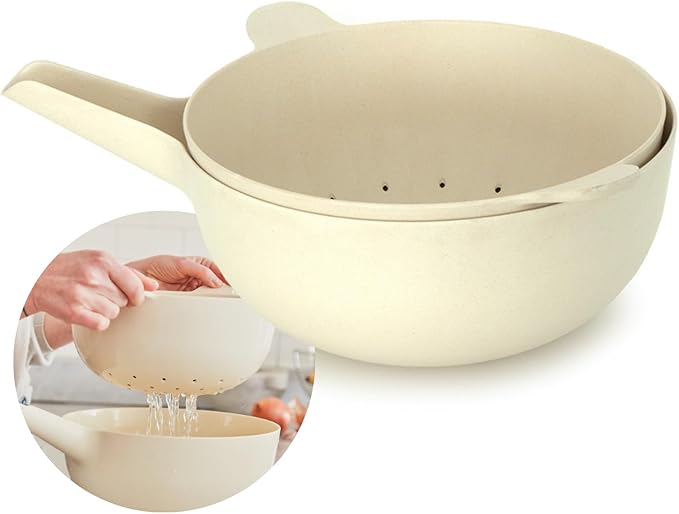 EKOBO Large Mixing Bowl and Colander Set White – 135 oz BPA-Free Eco-Composite – Nesting Kitchen Mixing Bowls for Washing Mixing Serving – Dishwasher Safe Essential Bowl Set