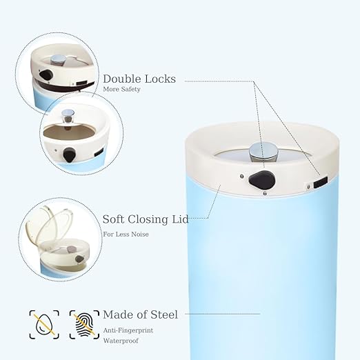 Diaper Pail, Airtight Odor Control Baby Diaper Bin with Childproof Lock, Stainless Steel Garbage Pail with lid, 15 Liter/ 4 Gallon Compact Nursery Trash Can with Removal Inner Liner, Blue