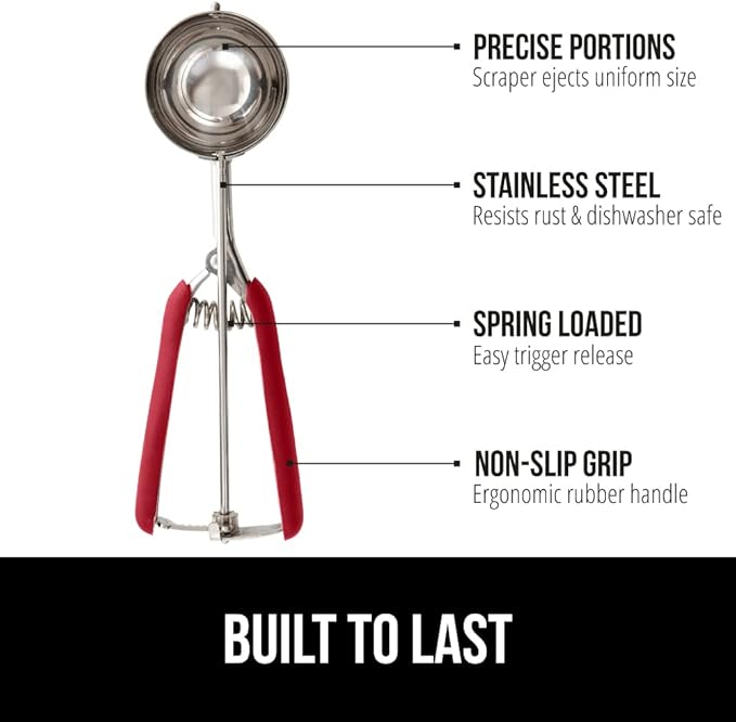 GORILLA GRIP BPA-Free Stainless Steel Cookie Scoop, 1 TBSP Scooper #60, Soft Grip Handle, Easy Food Release, Create Even Portion Sizes, Multipurpose Kitchen Melon Baller, Meatball Spring Scoops, Red