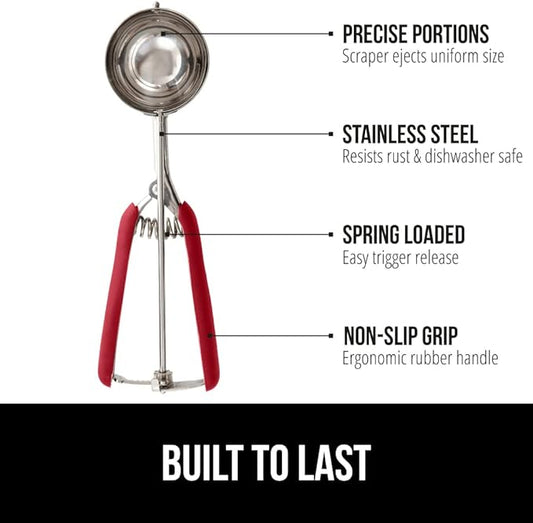 GORILLA GRIP BPA-Free Stainless Steel Cookie Scoop, 1 TBSP Scooper #60, Soft Grip Handle, Easy Food Release, Create Even Portion Sizes, Multipurpose Kitchen Melon Baller, Meatball Spring Scoops, Red