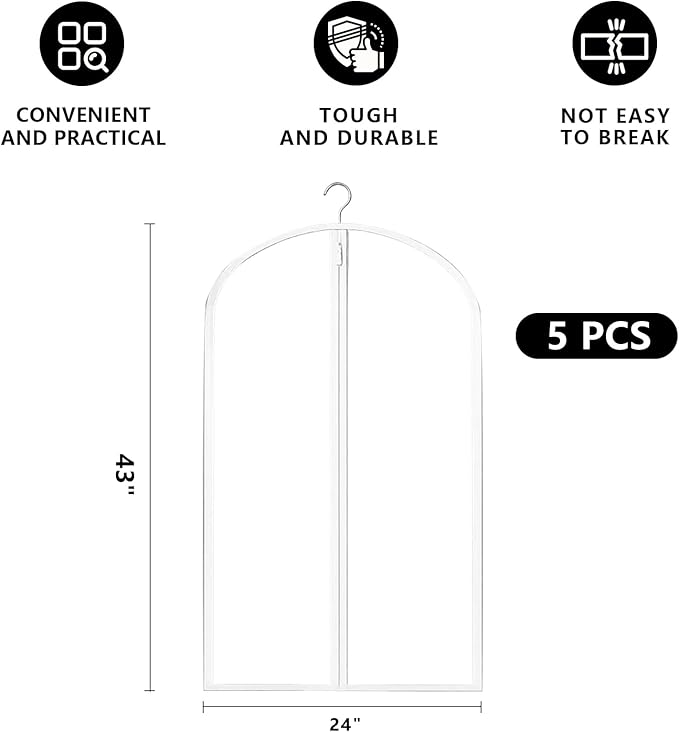 Garment Bag, Translucent 24'' x 43'' Suit Bag, 5 Packs, Dress Bags for Gowns, Garment Bags for Travel, Travel Garment Bag, Garment Bags for Hanging Clothes, Washable Suit Cover (24'' x 43'')