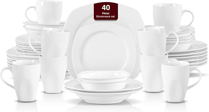 HomeVss, New Bone China Dinnerware Set, Coupe Square Shape, 40pc Set