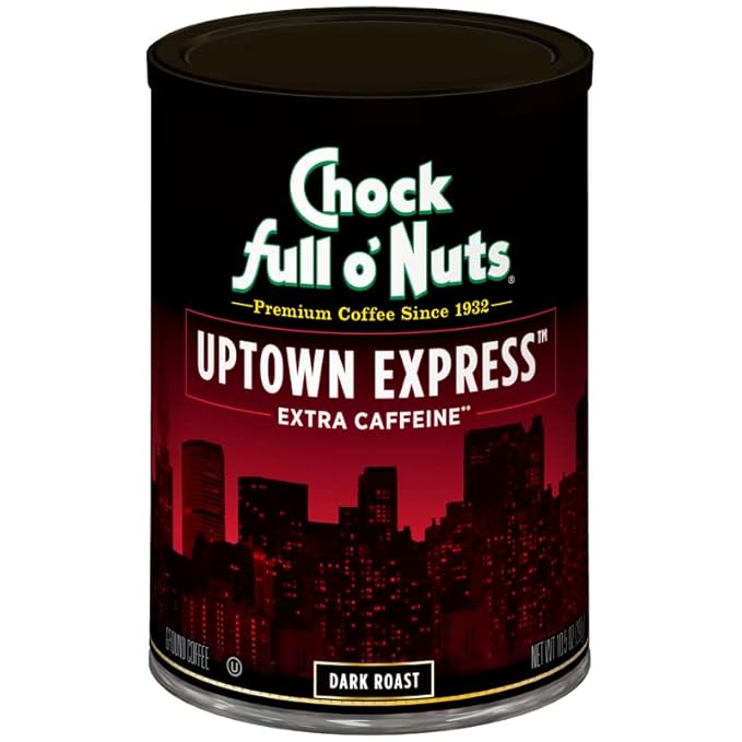 Chock Full o' Nuts Uptown Express Ground Coffee – Premium Beans in Recyclable Steel Can – Rich Flavor & Aroma, Dark Roast – Perfect for Drip, Pour-Over, Percolator – 10.5 Oz Can