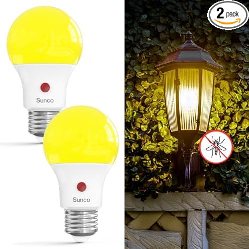 Sunco Yellow Light Bulbs Outdoor A19, LED Bug Lights for Outside Dusk to Dawn, 480 LM, 9W, 2000K Amber Glow, Auto On/Off Photocell Sensor, E26 Base, for Porch Patio Deck Backyard UL 2 Pack