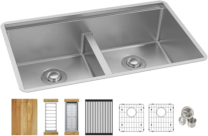 Elkay ECTRUAQ31169TWC Crosstown 31-1/2" Undermount Double Basin Stainless Steel Kitchen Sink with Basin Rack, Basket Strainer, Colander, and Cutting Board - Stainless Steel