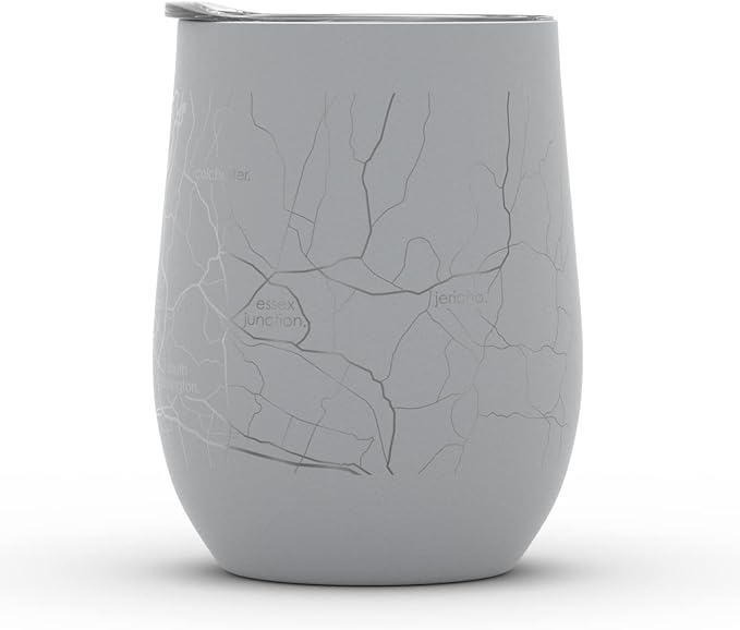 Well Told Engraved Burlington Vermont Map Insulated Wine Tumbler, Etched Stainless Steel Cup (12 oz, Dockside Gray) City Map Insulated Tumbler, Custom Insulated Tumbler, Outdoor Drinkware