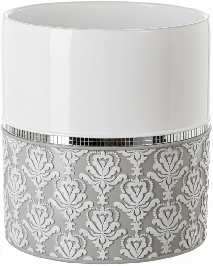 Creative Scents Mirror Damask Small Bathroom Trash Can 1.58 Gal / 6L - Decorative White and Gray Waste Basket - Durable Bathroom Wastebasket - Waste Bin for Powder Room Or Bedroom