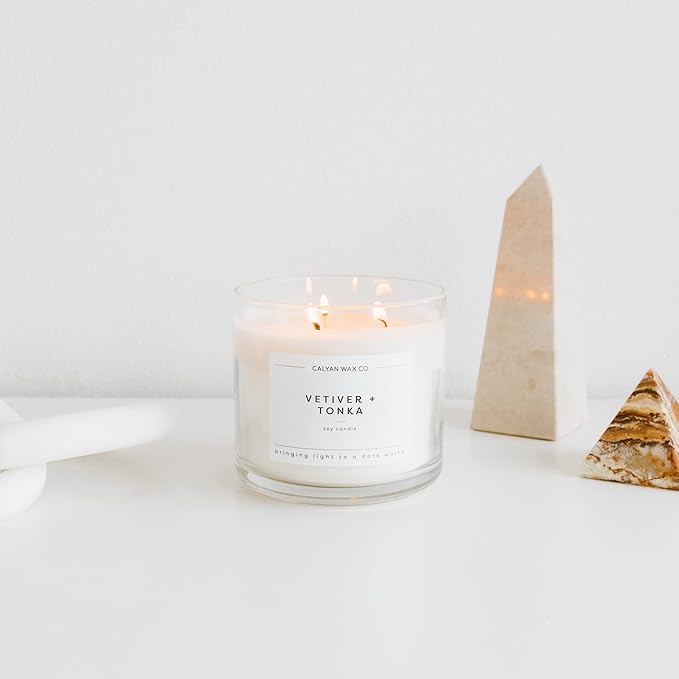 Calyan Wax Co. Vetiver & Tonka 3 Wick Scented Candle - 43 Hour Burn - Luxury 3 Wick Soy Candles - Non Toxic Soy Wax Candles - Long Lasting Large Glass Jar Candle for Home - 14.9oz