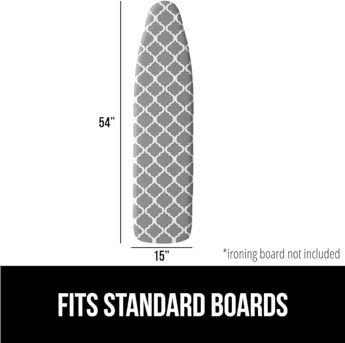 GORILLA GRIP The Original Ironing Board Cover and Pad, Silicone Coating, Thick Scorch Resistant Padding, Heavy Duty Iron Covers Standard Boards, Hook and Loop Fastener Strap, Quatrefoil Gray, 15x54