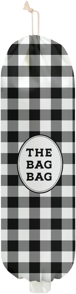 Black and White Checkered Plastic Bag Holder, Wall Mount Grocery Bag Holder for Plastic Bags, Reusable Washable Grocery Bags Storage Dispenser for Home Kitchen Pantry Decor, Vintage Gifts for Women