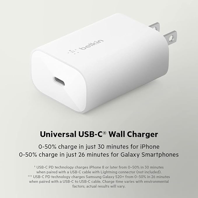 Belkin USB C Charger Block 25W - Power Delivery PPS Super Fast Charging - Apple iPhone 17, Air, Pro, AirPods, Samsung Galaxy S25, iPad, AirPods, Google Pixel 10, Nintendo Switch 2 & More - White