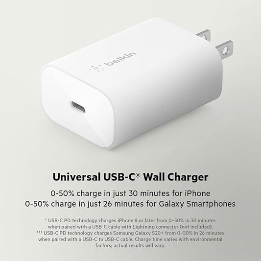Belkin USB C Charger Block 25W - Power Delivery PPS Super Fast Charging - Apple iPhone 17, Air, Pro, AirPods, Samsung Galaxy S25, iPad, AirPods, Google Pixel 10, Nintendo Switch 2 & More - White