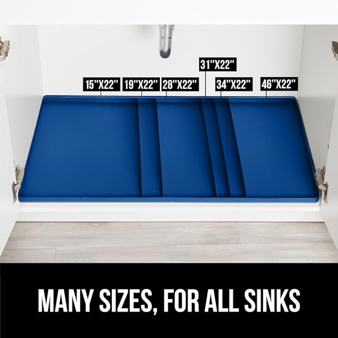 GORILLA GRIP Waterproof Silicone Under Sink Mat with Raised Lip for Kitchen and Bathroom, 28 x 22 in, Cabinet Shelf Liner Stay in Place Mats Dishwasher Safe Drawer Liner, Organizer Tray, Blue