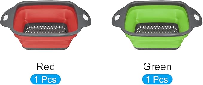 Collapsible Colander Set, 2pcs Silicone Square Foldable Strainer Space Saving Suitable for Pasta, Vegetables, Fruits - Red Green Small