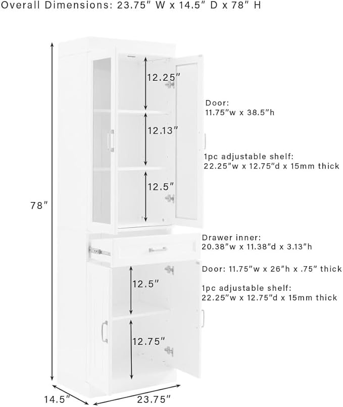 Crosley Furniture Stanton Glass Door Pantry Storage Cabinet with Shelves, Kitchen, Dining, or Laundry Room, White