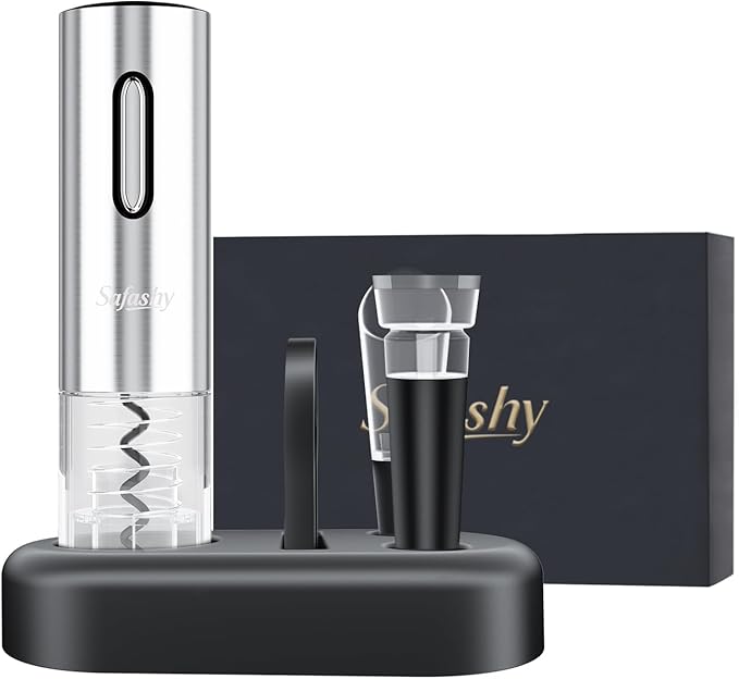 Stainless Steel Rechargeable Electric Wine Opener, 5 IN 1 Automatic Bottle Wine Corkscrew Kit with Foil Cutter, Decanter, Vacuum Stopper, Elegant Wine Gift Sets for Christmas, Date, Champagne