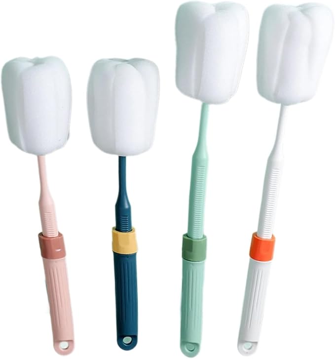 Dishwashing Foam Sponges Brush Telescopic Long Handle Scrubbing Brushes Clean Dishes, Sinks,Cookware,Coffee Glasses Pot Milk Cup Mugs Wine Bottle (4pcs)