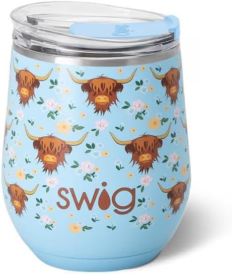 Swig Life 12oz Wine Tumbler with Lid, Stainless Steel, Dishwasher Safe, Portable, Triple Insulated Wine Tumbler (Holy Cow)