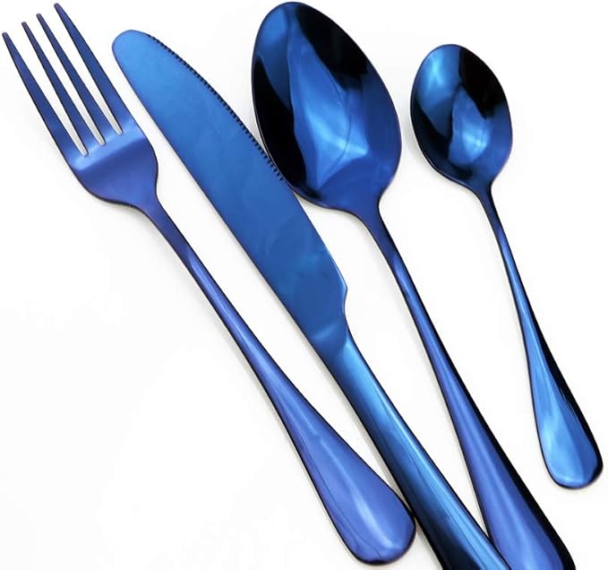 Gugrida Blue Reusable Utensils with Case, Healthy & Eco-Friendly 8 Pieces Portable Stainless Steel Flatware Tableware Dinnerware Set, Portable Travel Camping Cutlery Knife Fork Spoon Straws Set