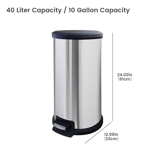 10 Gallon Trash Can with Lid, Tall Round Stainless Steel Kitchen Garbage Can with Plastic Lid, Liner Free Step-on Pedal Hand Free Trash Can, 40 Liter Capacity, Silver