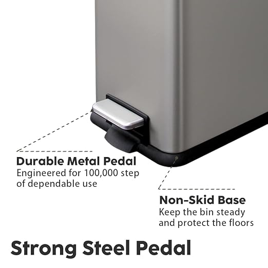12 Gallon Slim Kitchen Trash Can, Rectangular Trash Can with Lid, Removal Inner Liner, Foot Pedal, Stainless Steel Garbage Can 45 Liter (Kohler's Steel Gray)