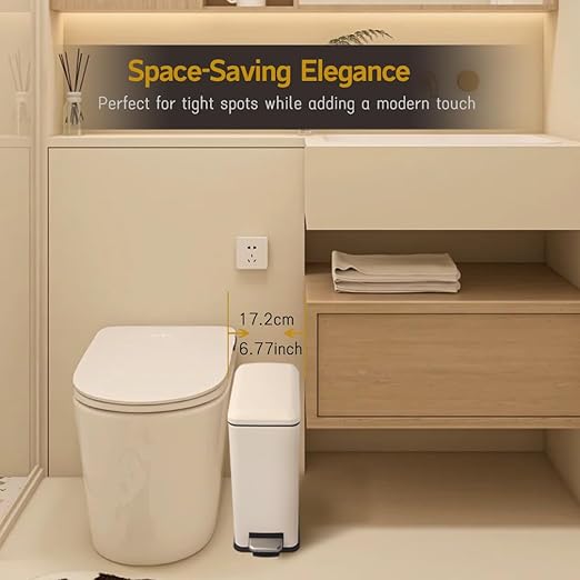 2.6 Gallon Bathroom Trash Can with Lid, 10L Stainless Steel Garbage Can with Removable Liner Bucket, Slim for Small Spaces Narrow Office, Kitchen, Bedroom, Living Room (White