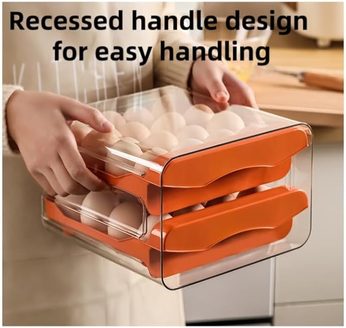 Egg Drawer for Refrigerator 32 Eggs, 2 Tier Clear Stackable Egg Holder with Drawer for Fridge, Drawer Type Egg Storage Box, Egg Tray Countertop (Orange)