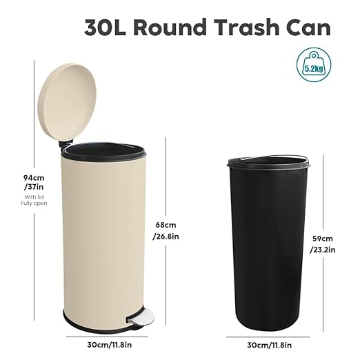 8-Gallon Trash Can, 30 Liter Stainless Steel Garbage Can, Round Trash Can with Lid, Slim Garbage can Featuring a Removable Inner Liner (Cream, 30L-Round)