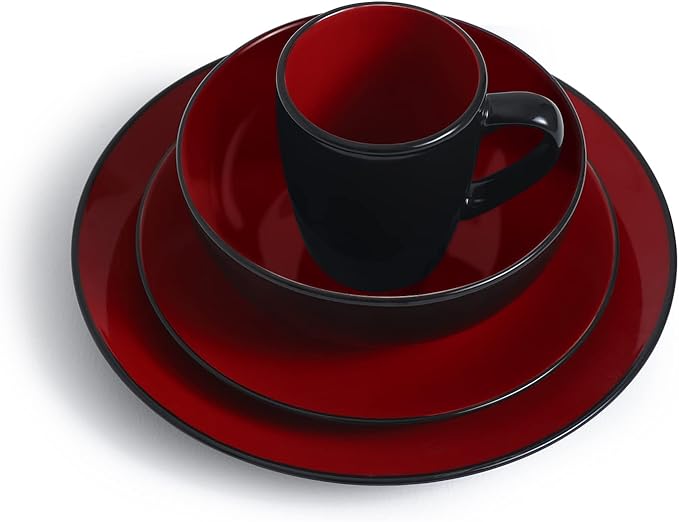 Bestone 16 Piece Round Kitchen Dinnerware Set,Plates and Bowls sets,Dishes, Plates, Bowls, Mugs, Dish Set，Plates and Bowls,Service for 4, Stoneware Dinnerware,Red and Black