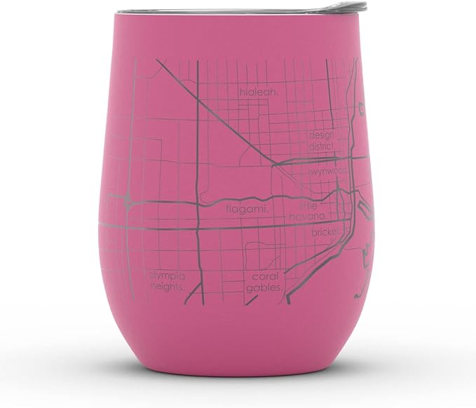 Well Told Engraved Miami Florida Map Insulated Wine Tumbler, Etched Stainless Steel Cup (12 oz, Sunset Pink) City Map Insulated Tumbler, Custom Insulated Tumbler, Outdoor Drinkware