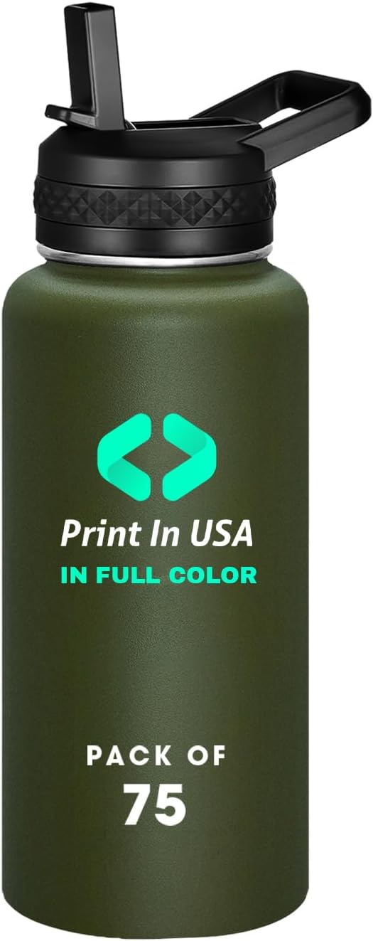 Personalized Custom Print in USA Water Bottle 75Pcs 32oz Stainless Steel Double Wall Coffee Cup with Lid & Straw Insulated Tumbler with Colorful Text Logo Photo