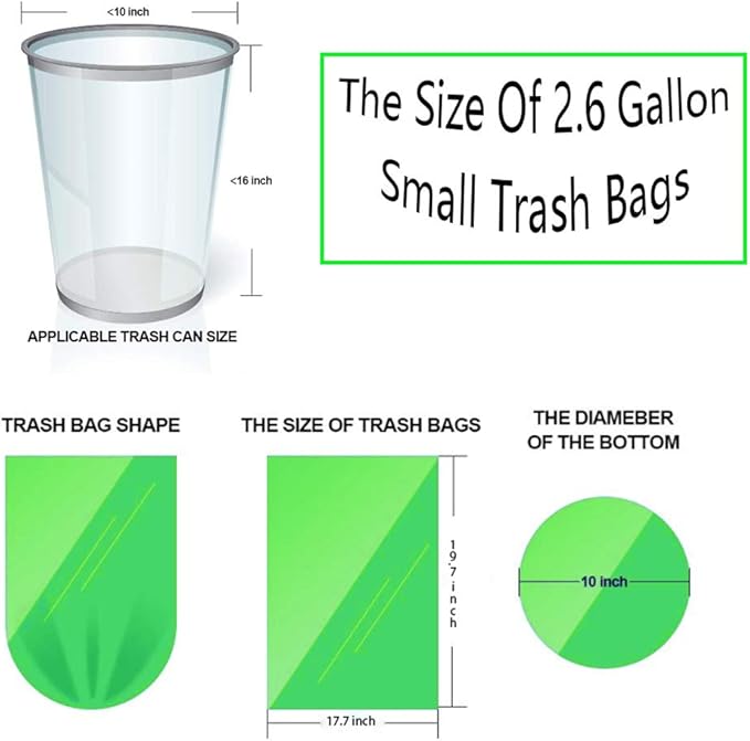 2.6 Gallon 10L Compost Bag, Small trash bag 200 Counts, Strong&Leakage-Free, Green Compostable Liner Bag for Food Scrap/Kitchen Compost Bin, Unscented Thick Trash Bag for Bathroom, Bedroom, Office