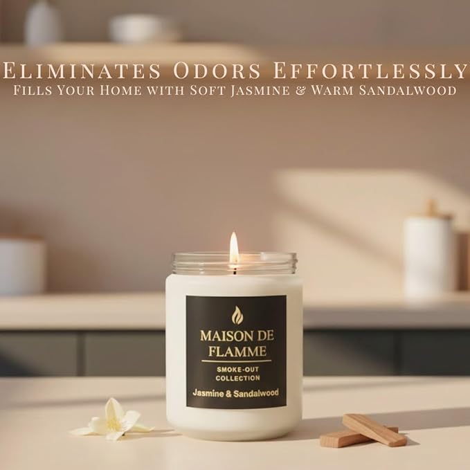 Jasmine & Sandalwood Odor-Eliminating Scented Candle, 200g/7oz White Jar – Long-Lasting Soy Wax Blend Candle for Smoke, Kitchen & Pet Odors