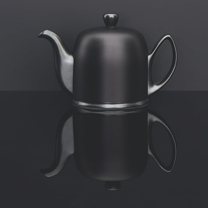 Degrenne Salam Luxury French Tea Pot - Porcelain Teapot with Stainless Steel Cover, Ceramic Tea Kettle for Loose Tea, Removable Infuser, 4 Cup Capacity, 24oz - Monochrome Blue