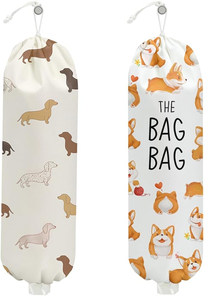 2PCS Dog Plastic Bag Holder, Wall Mount Grocery Bag Holder for Plastic Storage bag, Washable Storage Organizer Reusable Grocery Bags, Pull Rope Free Adjustment, Dog Lovers Gifts for Women